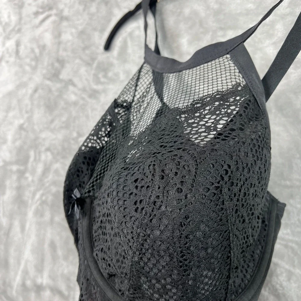 Cacique Bra 42DDD Lightly Lined French Balconette‎ Black Underwire Mesh Romantic